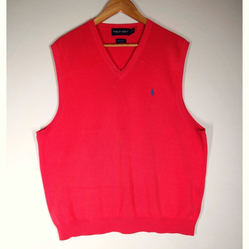 Polo Golf Ralph Lauren Sweater Vest Mens XL Red Cotton V-Neck Pony Logo Preppy